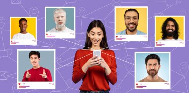 Genç bir kadın akıllı telefonuyla uğraşırken bir grup farklı bireyin renkli geçmişleri var. Onlarla çevrimiçi iletişim kurduğu için heyecanlı görünüyor, sosyal etkileşimi kutluyor..