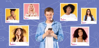 Genç bir adam akıllı telefonuyla etkileşime giriyor, ekranda gösterilen arkadaşlarının çeşitli görüntülerine gülümsüyor. Her fotoğraf neşeli ruh halindeki arkadaşlarını gösteriyor..