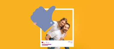 Canlı sarı bir arka planda neşeyle kucaklaşan bir çift. Etkilenenler için popüler sosyal medya platformlarının tipik olumluluğunu ve katılımını simgeleyen bir başparmak işareti.