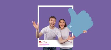 Genç bir erkek ve kadın, canlı sosyal medya etkileşimlerini vurgulayan bir çerçeve içinde poz verirken heyecanlarını dile getiriyorlar. Coşkuları içerik yaratmanın sevincini gösteriyor.