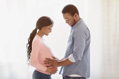Yakışıklı siyahi adamın karısına dokunuşunun yan görüntüsü. Evdeki pencerenin yanında hamile karnı var. Afrikalı Amerikalı bir adam hamile kız arkadaşının karnına dokunuyor, bebek hareketlerini hissediyor.