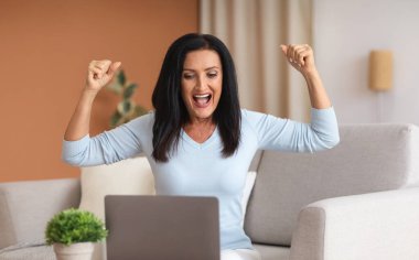 Evet, ben bir kazananım. Heyecanlı duygusal mest olmuş olgun bir bayan başarıyı, zaferi ya da harika haberleri kutluyor, kişisel bilgisayarı kullanıyor, evet diye bağırıyor ve ellerini kaldırıyor. Neşeli kadın