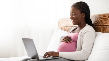 Gülümseyen hamile kadın dizüstü bilgisayarla yatakta rahatlıyor, online alışveriş yapıyor, internette hamilelik blogu okuyor, film izliyor ya da yatak odasında bilgisayarla dinleniyor, boş alanla yan görüş yapıyor.