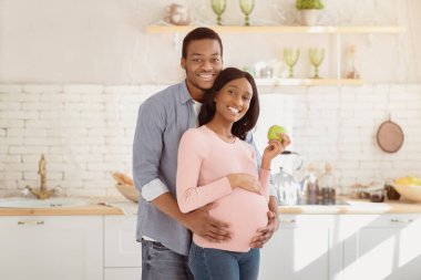 Mutfakta elmalı meyveyle güzel hamile karısına sarılan mutlu zenci adamın portresi. Bebek beklerken sağlıklı beslenen Afro-Amerikalı bir çift. Dengeli hamilelik diyeti kavramı