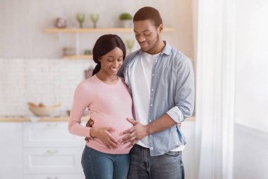 Mutlu siyahi genç adam hamile sevgilisini kucaklıyor ve pencerenin yanında gülümsüyor. Romantik genç bir aile bebek bekliyor. Doğum ve annelik kavramı
