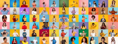 Canlı bir portre koleksiyonu, farklı duyguları ifade eden ve sağlam pastel arka planlara karşı çeşitli faaliyetlerde bulunan çok ırklı bir grup insanı sergiliyor, çeşitliliği vurguluyor..