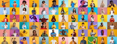 Çeşitli pozlarda çeşitli bireylerin yer aldığı canlı bir koleksiyon ve parlak arka planlara karşı ifadeler.