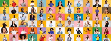Renkli arka planlara karşı eşsiz ifadeler ve stiller sergileyen farklı bireylerden oluşan canlı bir koleksiyon..
