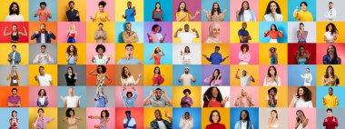 Bu canlı kolaj, her biri farklı yüz ifadeleri ve renkli arka planlara karşı jestler sergileyen çok ırklı bireylerin bir koleksiyonunu içeriyor..