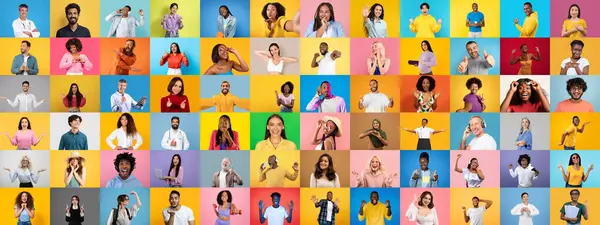 Bu kolaj, renkli arka planlara karşı eşsiz ifadelerini ve jestlerini vurgulayan çeşitli bireyler grubunu içerir..