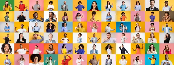 Renkli arka planlara karşı eşsiz ifadeler ve stiller sergileyen farklı bireylerden oluşan canlı bir koleksiyon..