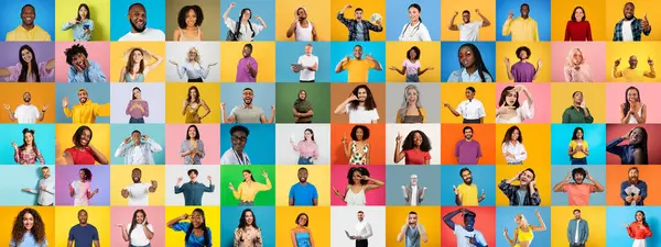 Kişiliklerini sergileyen bir grup insanın yer aldığı canlı bir kolaj. Her birey, renkli arka planlara karşı yapılan jestler ve gülücüklerle mutluluğu ifade eder..