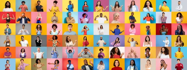 Bu canlı kolaj, her biri farklı yüz ifadeleri ve renkli arka planlara karşı jestler sergileyen çok ırklı bireylerin bir koleksiyonunu içeriyor..