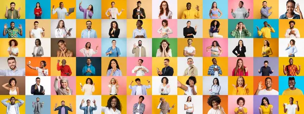 Çeşitli duyguları ifade eden farklı bireylerin olduğu canlı bir portre koleksiyonu. Renkli arka planlara karşı hazırlanan bu derleme, çeşitliliğin ve birliğin güzelliğini vurgular..