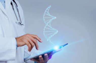 Kendini işine adamış doktorların yakın çekimi CRISPR ve artırılmış gerçekliği kullanarak sanal insan DNA 'sının mavi parıltısını çözüyor, tıbbın geleceğini, mavi stüdyo geçmişini, boş alanı şekillendiriyor.