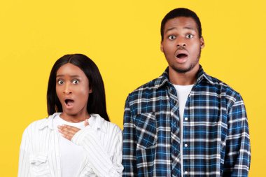 İnsani duygular, yüz ifadesi. Genç, korkmuş Afrikalı Amerikalı çift korku ve şoktan muzdarip, ağızları açık, kameraya bakın, inançsızlıkla dolu.