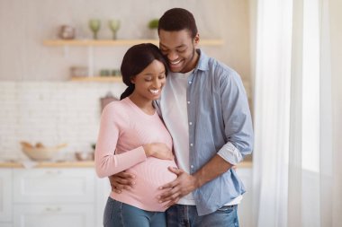Siyahi hamile kadın ve yakışıklı kocası evde pencerenin yanında birlikte vakit geçirirken kucaklaşıp gülümsüyorlar. Romantik Afrikalı Amerikalı çift içeride bebek bekliyor. Ebeveynlik kavramı