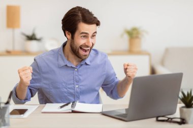 Dizüstü bilgisayarın başındaki heyecanlı iş adamı yumruklarını sallıyor ve modern ofiste işyerinde oturan ekrana bakarak bağırıyor, iş başarısını kutluyor. Zafer Kutlaması, Başarılı Kariyer