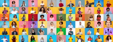 Canlı bir kolaj, farklı arkaplanlardan farklı bireylerin renkli arka planlara karşı eşsiz ifadelerini ve jestlerini sergiliyor..