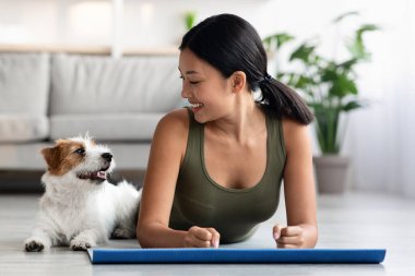 Güzel köpek yavrusu, spor giyim kuşamında spor kıyafetleriyle spor salonundaki neşeli genç bayanla egzersiz yapıyor. Oturma odasında yoga minderinin üzerine uzanmış tatlı Jack Russel Terrier 'a bakıyor. Uzayın fotokopisini çekiyor.