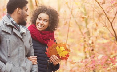 Sonbahar yürüyüşü. Mutlu çift parkta eğleniyor, birbirine bakıyor ve konuşuyor, boş yer var.
