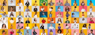 Neşeli ifadeler ve jestlerle meşgul olan kadın ve erkekler arasında çeşitlilik gösteren canlı bir yüz koleksiyonu..