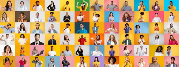 Neşeli ifadeler ve jestlerle meşgul olan kadın ve erkekler arasında çeşitlilik gösteren canlı bir yüz koleksiyonu..