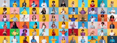 Çeşitli duyguları ifade eden farklı bireylerin yer aldığı canlı bir portre koleksiyonu..