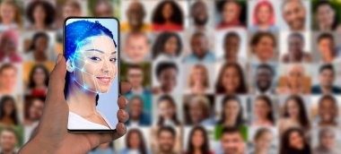 Yüz tanıma yazılımını gösteren bir akıllı telefonu tutan bir kişi. Arka planda, çeşitli yüzlerden oluşan bir kolaj modern kimlik teknolojisini ve günümüz toplumu üzerindeki etkisini temsil ediyor..