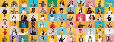 Bu canlı kolaj, farklı geçmişlerden gelen, farklı duygu ve yaşam tarzlarını parlak, renkli arka planlara karşı ifade eden çeşitli insanların portrelerini sergiliyor..