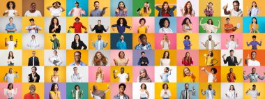 Canlı bir kolaj çeşitli geçmişlerden gelen farklı bireylerden oluşan bir grup içerir, her biri mutluluğun benzersiz ifadelerini sergiler..