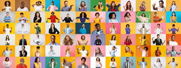 Canlı bir kolaj çeşitli geçmişlerden gelen farklı bireylerden oluşan bir grup içerir, her biri mutluluğun benzersiz ifadelerini sergiler..