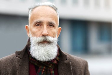 Ciddi, gri saçlı, uzun sakallı, kalın elbiseli, açık havada poz veren, yakından çekilmiş portresi olan bir adam. Caddede yürüyen yakışıklı yaşlı işadamı, ofise ya da iş toplantısına gidiyor, boş yer