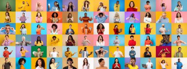 Bu canlı kolaj, her biri katı renk arkaplanlarına karşı eşsiz ifadeler ve faaliyetler sergileyen çeşitli bireyler grubunu içeriyor. Karışımda kültürel zenginlik ve birlik sergileniyor.