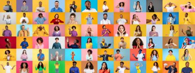 Canlı bir kolaj, çeşitli duygu ve jestleri ifade eden farklı bireylerden oluşan bir grup sunar. Arkaplan, çeşitli yüzleri ve yaşam tarzlarını vurgulayan renkli bölümlerden oluşuyor.