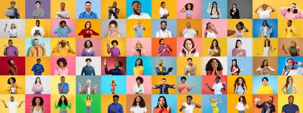 Canlı bir kolaj, çeşitli duygu ve jestleri ifade eden farklı bireylerden oluşan bir grup sunar. Arkaplan, çeşitli yüzleri ve yaşam tarzlarını vurgulayan renkli bölümlerden oluşuyor.