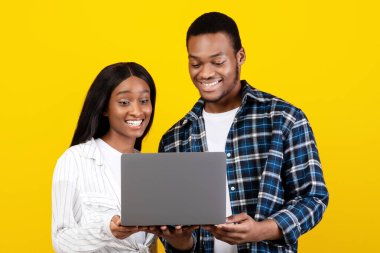 Çevrimiçi eğitim, uzaktan çalışma ve alışveriş. Mutlu binlerce yıllık Afro-Amerikan çifti dizüstü bilgisayara bakıyor ve sarı arka planda izole edilmiş alışveriş ya da izleme dersleri ya da videoları seçiyor.