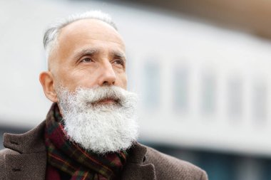 Yakışıklı, gri saçlı, uzun sakallı, açık havada poz veren, sıcak kahverengi ceketli, fotokopi odasına bakan, sokakta tek başına yürüyen, temiz hava soluyan, panorama...