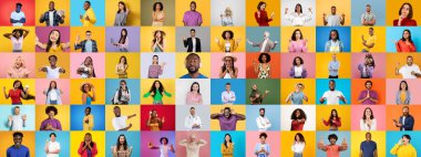 Değişik yüz ifadeleri ve jestler paylaşan farklı kişilerden oluşan canlı bir koleksiyon parlak, çok renkli bir arka plana karşı. Bu yaşam tarzı portresi çok ırklı birlik ve neşeyi yansıtıyor..