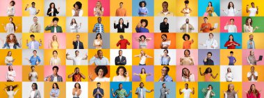 Canlı bir portre koleksiyonu, çeşitli arka planlardaki farklı bireyleri ön plana çıkarıyor. Her insan eşsiz ifadeler ve jestler sergiler, kapsayıcılığı ve toplumu vurgular..