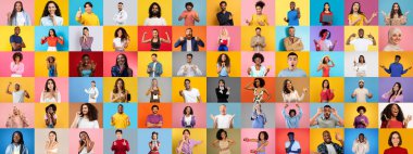 Canlı bir portre koleksiyonu, çeşitli yaşam tarzları ve duyguları parlak, sağlam arka planlara karşı ifade eden farklı bireyleri içerir..