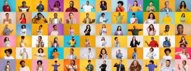 Canlı bir kolaj, neşe ve bağlılığı ifade eden farklı bir grup insanı içerir. Her portre, renkli arka planlara karşı eşsiz ifadeleri vurgular, çeşitliliğin özünü gözler önüne serer.