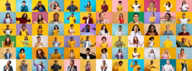 Canlı bir kolaj, çeşitli insanların gülümsemelerini ve sevinçlerini gösteriyor..