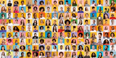 Çeşitli bireylerin yer aldığı bir kolaj, her biri benzersiz saç şekilleri ve ifadeler sergiliyor. Canlı arka plan derinlik katıyor, bireyselliklerini vurguluyor.