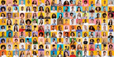 Canlı bir kolaj renkli arka planlara karşı çok ırklı bireylerin çeşitli portrelerini içerir..