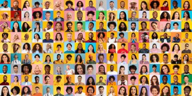 Canlı bir kolaj, her biri renkli bir ortamda eşsiz duygular ifade eden çeşitli arkaplanlardan farklı yüzler içerir..