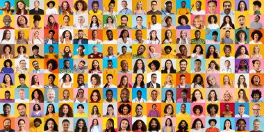 Bu canlı kolaj, her birinin yaşam tarzını yansıtan eşsiz ifadeleri olan çeşitli geçmişlerden gelen farklı bir grup insanı sunuyor..