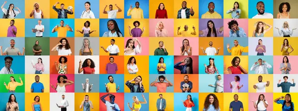 Renkli bir kolaj çeşitli geçmişleri temsil eden çeşitli yüzler sergiliyor. Her insan, çeşitlilikteki birliğin güzelliğini vurgulayarak, neşe ve pozitifliği ifade eder..