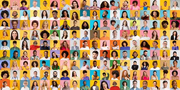 Canlı bir kolaj renkli arka planlara karşı çok ırklı bireylerin çeşitli portrelerini içerir..