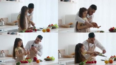 İyi aydınlatılmış bir mutfakta, bir baba ve kız birlikte yemek hazırlamaktan hoşlanırlar. Sebzeleri doğrarlar ve lezzetli yaratıklarının fotoğraflarını çekerler. Günlük hayatlarındaki neşeli bir bağlılık anını sergilerler..